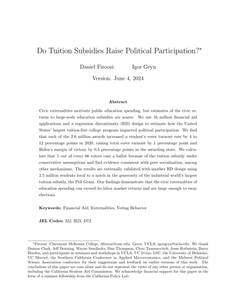 First page of the AEJ: Economic Policy article on tuition subsidies and political participation