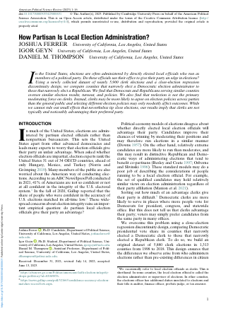First page of the APSR article on partisan election administration